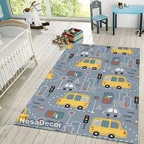 Resim Trafik Araba Baskılı Makinede Yıkanabilir Halı Çocuk Odası Halısı Oyun Halısı Sarı (120 x 120 cm (Yuvarlak)) 