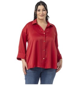 Resim Büyük Beden Duble Katlamalı Truvakar Kollu Saten Kırmızı Gömlek Kırmızı 