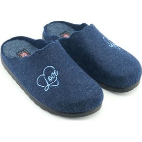 Resim Gezer Kadın Kışlık Nakışlı Kalpli Tasarım Rahat Taban Ev Bahçe Terlik Lacivert 