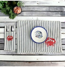 Resim Çizgili Keten Yengeç Nakışlı Amerikan Servis Ve Çatal Kaşıklık So 