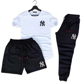 Resim Fifty Color 3'lü Slim Fit Unisex NY Baskılı Tshirt Şort Eşofman Takım Siyah - Beyaz 