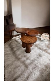 Resim Simillo Home&Living Wood Wooden Ahşap 3’lü Set Fitilli Mantar Yan Sehpa Modern Meşe Renk Fiskos 