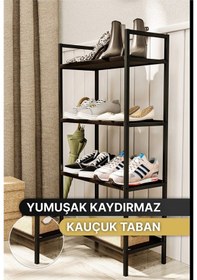 Resim Ayakkabılık Metal Ayakkabılık Ahşap Ayakkabılık Dekoratif 4katlı Kumaşlı Mobilya Çok Amaçlı Raf Siyah 