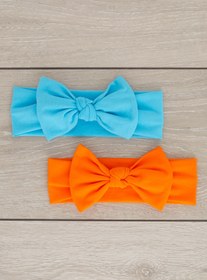 Resim Babygiz El Yapımı Yumuşak Fiyonk Bağlamalı Doğal Pamuklu Penye 2'li Bebek Çocuk Kız Bandana Turuncu Mavi 