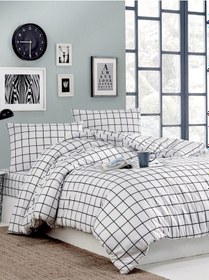 Resim Doğal Ranforce Siyah Kareli Pamuk Nevresim Seti Çift Kişilik Beyaz 