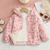 Resim Kışlık Pembe Kalp Desenli Kapüşonlu Ceket - Peluş Astarlı, Tam Fermuarlı Sıcak Mont, Yumuşak Dış Kumaş & Makinede Yıkanabilir (0-24 Ay) Rahat Giyim 