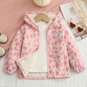 Resim Kışlık Pembe Kalp Desenli Kapüşonlu Ceket - Peluş Astarlı, Tam Fermuarlı Sıcak Mont, Yumuşak Dış Kumaş & Makinede Yıkanabilir (0-24 Ay) Rahat Giyim 