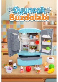 Resim Buharlı Ve Işıklı Oyuncak Buzdolabı Seti - 30+ Parça Mutfak Aksesuarlı Büyük Boy Evcilik Seti - Mavi 