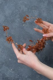 Resim Hayalperest boncuk Kahve Mila Çiçek Dal Motifli Gelin Kına Tacı 