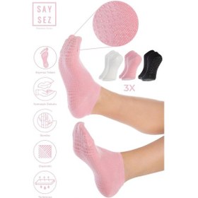 Resim Bambu Kadın Kaydırmaz Taban Siyah-beyaz-pembe Silikon Pilates Yoga Fitness Aktivite Patik 3'lü Renkli 