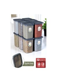 Resim İronika 12'li Sızdırmaz Silikon Kapaklı Etiketli 1300 Ml Kare Erzak Bakliyat Saklama Kabı Antrasit Antrasit 