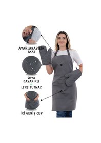 Resim Simple 3lü Set Ayar Askılı Cepli Mutfak Önlüğü Seti 2 Eldiven Şef Garson Kafe Aşçı Barista Füme 
