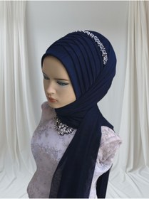 Resim Nuray hazır duvak Aksesuarli koyu lacivert gamze model hazır duvak hazır şal hazır türban 