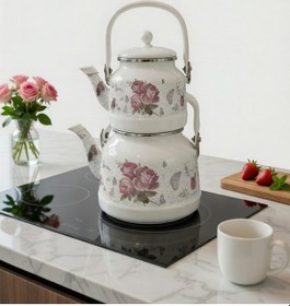 Resim Vintage Gül Desenli Emaye Çaydanlık - Çift Katmanlı Beyaz Retro Çay Demleme Seti Beyaz - Pembe 