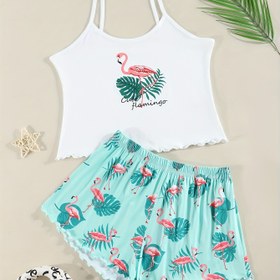 Resim Kadınların Tropikal Flamingo Desenli Fırfırlı Rahat Pijama Takımı, Yuvarlak Yaka Sırtı Açık Kolsuz Üst & Şort, Rahat Gevşek Kesim, Yazlık Gecelik 