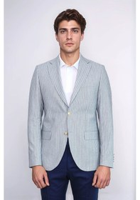 Resim Açık Mavi Çizgili Keten Dokulu Gold Renk Metal Düğmeli Slim Fit Erkek Blazer Ceket Wessi Navy Blue 