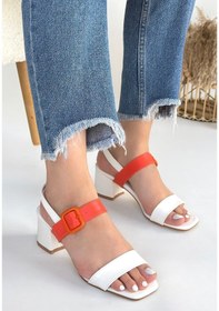 Resim Pabucmarketi Beyaz Turuncu Kadın Topuklu Sandalet Çok Renkli 