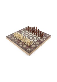 Resim Lüks Ahşap Sedef Görünümlü Katlanabilir 3 Ü 1 Arada Satranç Dama Tavla Seti Kilitli 34cm Oyun Takımı 