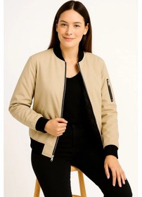 Resim Kadın Bomber Mont Ceket - Fermuarlı, Kapitone İçi Astarlı, Su İtici Kumaş, Regular Fit, Yandan Cepli, Günlük Bahar & Kış Şık Rahat Stil - Bej Çok Renkli 