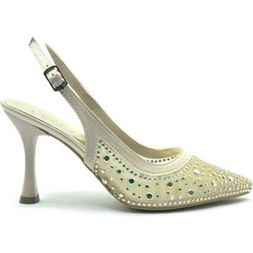 Resim Feles Arkası Açık Şeffaf Taş Detaylı Sindirella Kadın Topuklu Ayakkabı Altin 