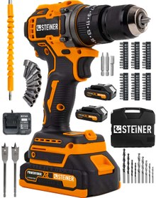 Resim STEİNER 21v Çift Akü Kömürsüz Motor Çelik Mandren Darbeli Akülü Vidalama Şarjlı Matkap (84 Parça Usta Set) 