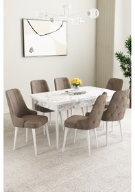 Resim Mabel Beyaz Mermer Desen 80x132 Mdf Açılabilir Mutfak Masası Takımı 6 Adet Sandalye Cappucino 