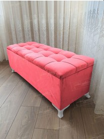 Resim Çizgi Kapitoneli Sandıklı Puf 100 Cm Beyaz Ayak Pembe 