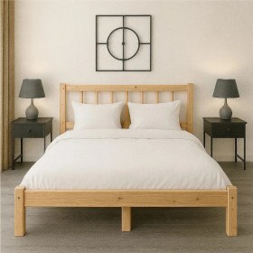 Resim Pinoxi 200CM x 200CM Doğal Masif Ahşap Yuvarlak Çıtalı Başlıklı Karyola Doğal Ahşap Natural Renk 