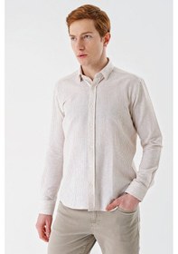 Resim İmza Bej Uzun Kollu Çizgili Biritli Yaka Pamuklu Likralı Casual Slim Fit Dar Kesim Gömlek 1004240233-bej Bej 