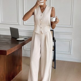 Resim Kadınların Şık Siyah Kolsuz Düğmeli Yelek ve Geniş Bacaklı Pantolon Takımı - Yüksek Bel, Akışkan Tasarım, Bahar/Yaz İçin Mükemmel, Rahat veya Resmi Durumlara Uygun, Çok Yönlü Moda | Düğmeli Yelek | Düğmeli Yelek 