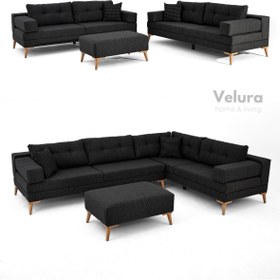 Resim Velura Home & Living Zeri Modüler Yataklı Koltuk Takımı & 2 Adet Üçlü Kanepe & Puflu Köşe Takımı (3+3) - Siyah - 111 
