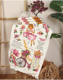Resim Saçaklı Mutfak Havlusu Modeli Baskılı Kadife Mutfak Havlusu 6lı Bisikletli Kız 