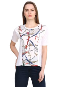 Resim Solo Beyaz Metalik Baskılı Viskoz Bluz T-shirt 