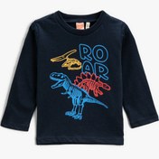 Resim Erkek Bebek Dinozor Baskılı Tişört Uzun Kollu Bisiklet Yaka Pamuklu 