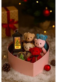 Resim Sevgiliye Hediye Kalp Kutuda 5 Adet Peluş Ayıcık Çam Ağacı Figürlü Işıklı Fener Ve Kar Küresi Seti Çok Renkli 