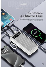 Resim Jopus 20000mah Powerbank Dahili Kablolu, Lcd Ekranlı, Led Lambalı, Taşınabilir Şarj Cihazı Beyaz 