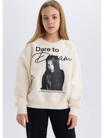 Resim DeFacto Kız Çocuk Oversize Geniş Kalıp Bisiklet Yaka Baskılı Sweatshirt D5452A824WNER233 Ekru 
