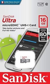 Resim SanDisk Ultra 16 GB microSDHC Hafıza Kartı, 80MB/sn UHS-I Class 10 - SDSQUNS-016G-GN3MN 