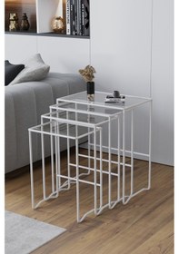 Resim Faymend Mimoza 4 Lü Zigon Sehpa, Metal Sehpa, Cam Sehpa ' Beyaz - Şaffaf' Beyaz - Şeffaf Cam 