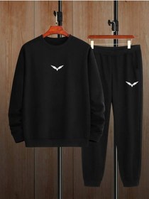 Resim Unisex Wing Baskılı Bisiklet Yaka Sweatshirt + Eşofman Altı Jogger Eşofman Takımı Siyah 