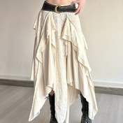 Resim SassyGals Fransız İlhamlı Asimetrik Dantel Etek Siyah Kemer ile - Düşük Bel, Büzgülü Hem, Bej, Yaz Stili, Vintage Tasarım, Rahat veya Şık Kıyafetler için Mükemmel, Rahat Şık Giyim | Vintage Etek | Büzgülü Hem Etek 