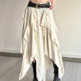 Resim SassyGals Fransız İlhamlı Asimetrik Dantel Etek Siyah Kemer ile - Düşük Bel, Büzgülü Hem, Bej, Yaz Stili, Vintage Tasarım, Rahat veya Şık Kıyafetler için Mükemmel, Rahat Şık Giyim | Vintage Etek | Büzgülü Hem Etek 