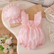 Resim Bebek Kız Yaz Kısa Kollu Ruffled Bow Dantel Plaid Kıyafet - Nefes Alabilir Kolsuz Romper ile Eşleşen Şapka, Hafif Günlük Giyim, Geziler ve Tatiller için, Bebek Kız Giysileri, Tatil Bebek Giyimleri, Sevimli Bebek Bodysuit, Dış Mekanlar için Mükemmel 