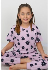 Resim Zuzunga Mor Papatya Desenli T-shirt-şort Kız Çocuk Pijama Takımı Lila 