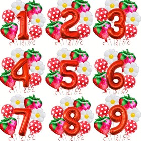 Resim 1 Set Çilek Balon Doğum Günü Süslemesi, Oval Şekil, Beyaz ve Kırmızı Renk, Alüminyum Film ile Yapılmış, Elektriksiz, Çilek Parti Süslemesi ve Çilek Temalı Doğum Günü Süslemesi için 