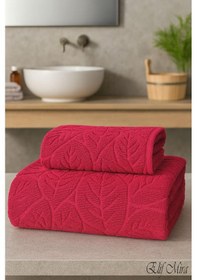 Resim Banyo & Yüz Havlusu Seti Dokulu %100 Pamuk 90x150 + 50x90 Cm Foliva Vişne 