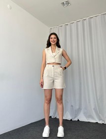 Resim Keten Kahverengi Çizgili Şort Takım 