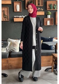 Resim Rabia Şamlı Dama Desenli Siyah Triko Hırka Çok Renkli 