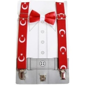 Resim 1-9 Yaş Ay Yıldız Papyon + Pantolon Askısı - 23 Nisan Erkek Set Çocuk Okul Papyon Seti 29 Ekim Set Kırmızı 