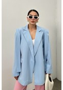 Resim Kadın Oversize Blazer Ceket Kuşaklı Omuz Detaylı Bebe Mavisi 